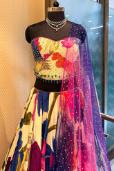 Off White Crepe Silk Floral Printed Flared Lehenga with Beaded Off Shoulder Corset